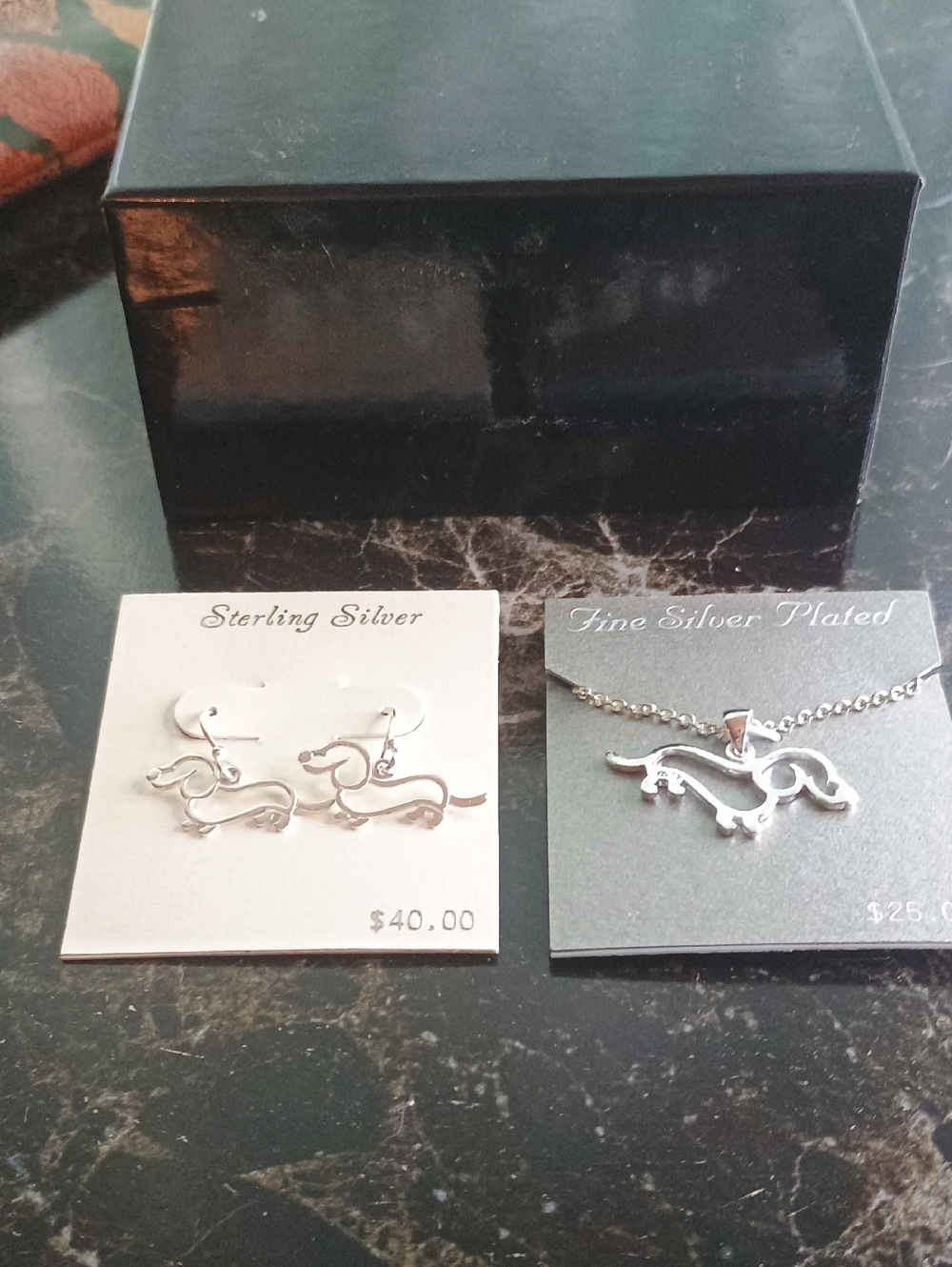 Sterling Silver Dachshund Necklace and Earrings Set - Silver